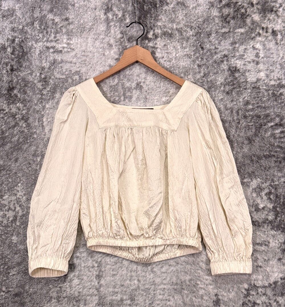 Amber Sakai Top Small Womens Ivory Hammered Silk Long Sleeve Square Neck Blouse